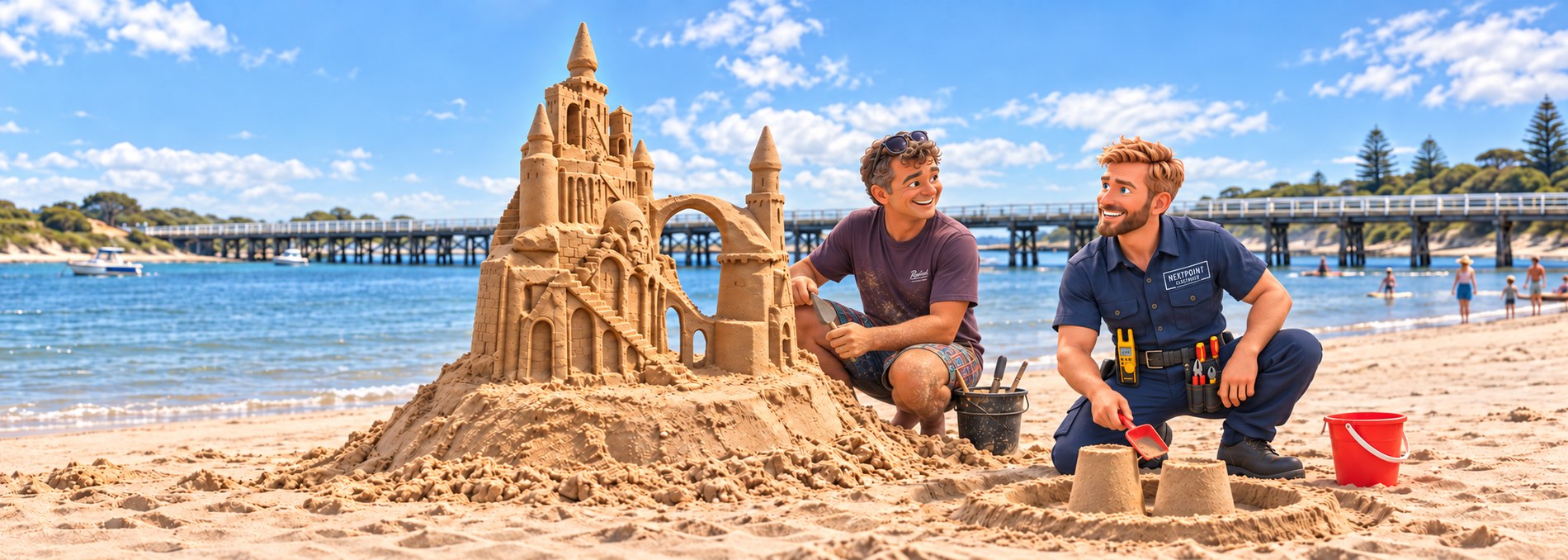 Illustration of a NextPoint electrician in branded navy uniform crouching on the sand at Barwon Heads beside a man and a tall sandcastle, with the road bridge and the river mouth behind them.
