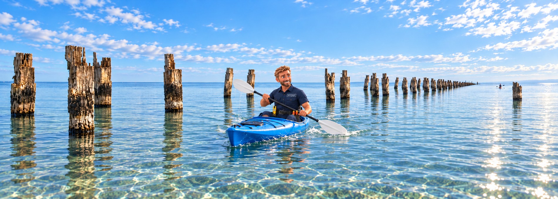 Illustration of a NextPoint electrician in branded navy uniform paddling a blue kayak through shallow clear water at Clifton Springs, past the weathered timber pilings of the old pier.