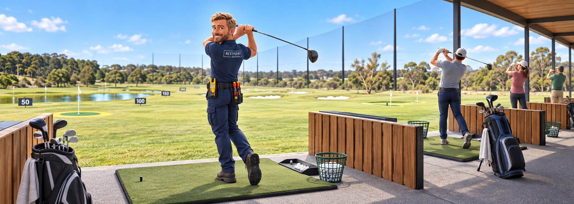 Illustration of a NextPoint electrician in branded navy uniform swinging a driver at a Curlewis golf driving range, with other players hitting from the bays beside him and the fairway stretching away behind.
