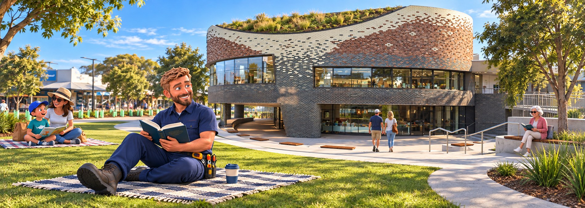 Illustration of a NextPoint electrician in branded navy uniform sitting on a picnic rug reading a book on the lawn outside the modern Drysdale library, with families and readers nearby.