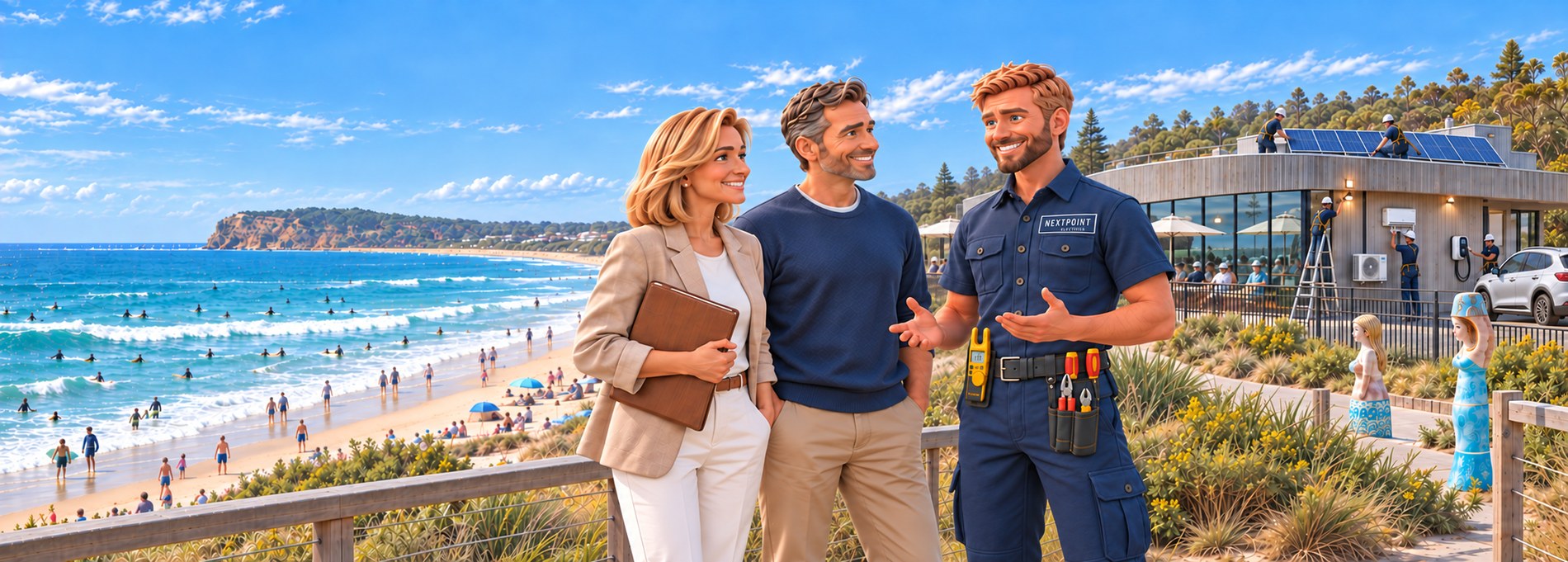 Illustration of a NextPoint electrician talking with two customers on a boardwalk above a Surf Coast beach, with a cafe, rooftop solar and an air conditioner being installed behind them.