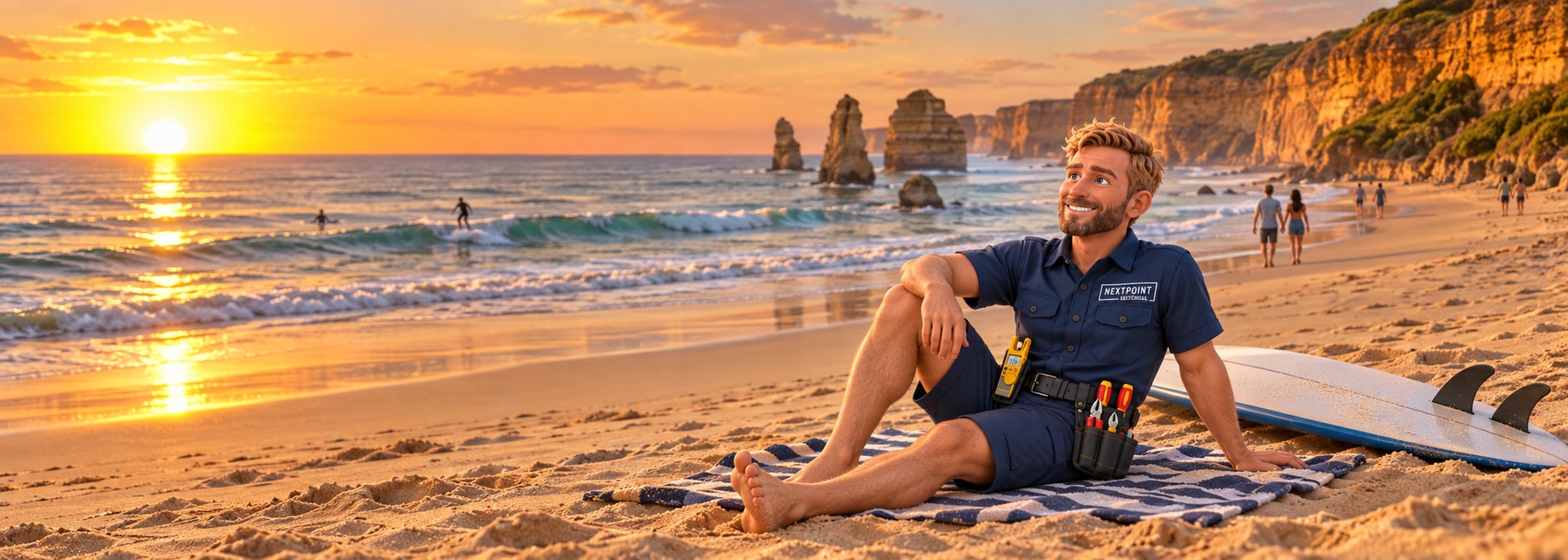 Illustration of a NextPoint electrician in branded navy uniform sitting on a towel on the sand at Jan Juc at sunset, a surfboard beside him and the cliffs and surfers behind him.