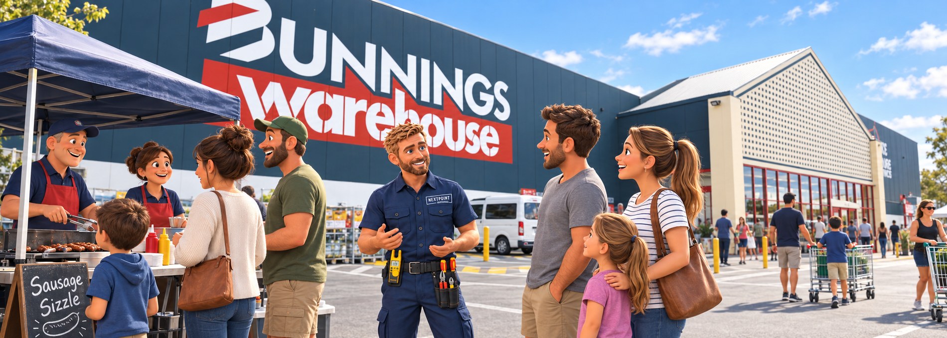 Illustration of a NextPoint electrician in branded navy uniform talking with shoppers in the car park of a large hardware warehouse at Leopold, with a sausage sizzle stall set up beside them.