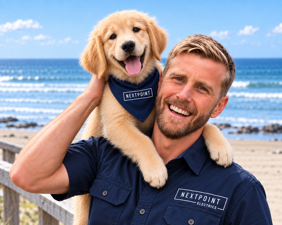Luke Evans, owner of NextPoint Electrics, in NextPoint uniform