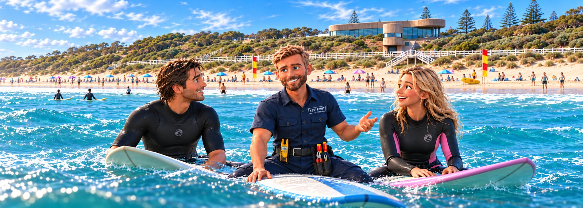 Illustration of a NextPoint electrician in branded navy uniform sitting on a surfboard in the water at Ocean Grove talking with two surfers, with the surf life saving club and the patrolled beach behind them.