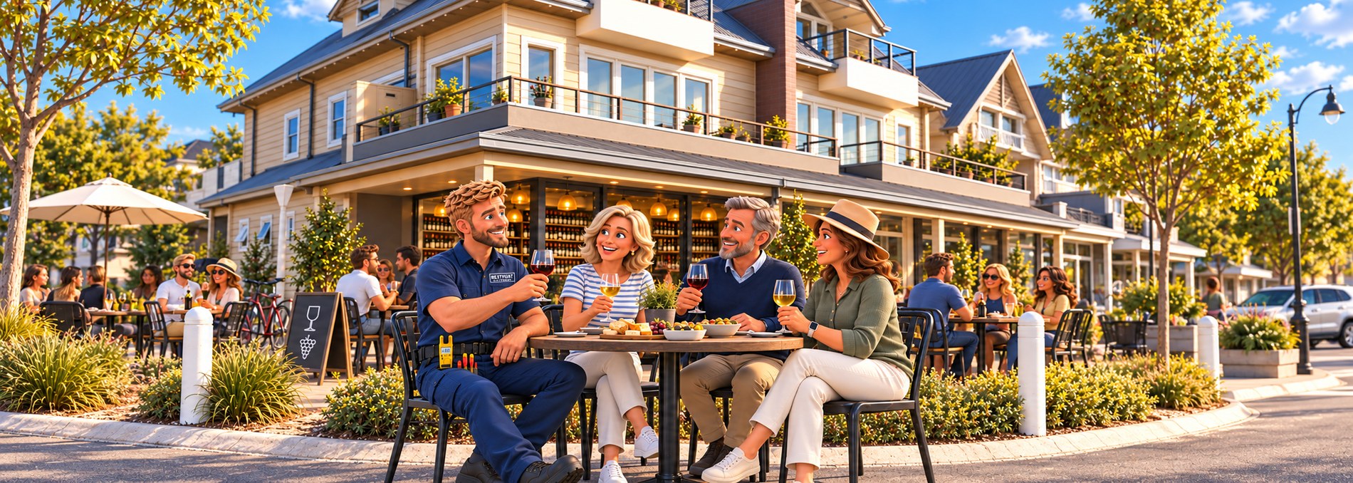 Illustration of a NextPoint electrician in branded navy uniform raising a glass at an outdoor table outside a Point Lonsdale hotel, with other diners along the footpath around him.