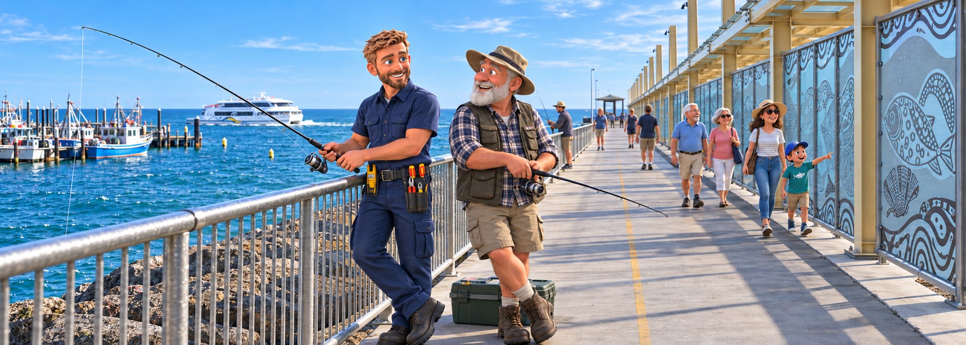 Illustration of a NextPoint electrician in branded navy uniform fishing from the Portarlington pier beside an older man, with the fishing fleet and the ferry in the harbour behind them.
