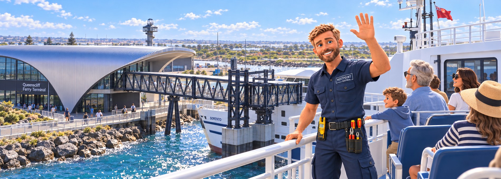 Illustration of a NextPoint electrician in branded navy uniform waving from the deck of the Queenscliff ferry as it comes in, with passengers seated behind him and the ferry terminal across the water.