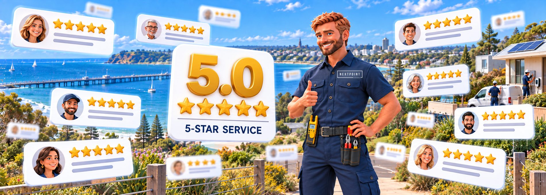 Illustration of a NextPoint electrician in branded navy uniform giving a thumbs up on the Bellarine coast, surrounded by floating five star review cards and a large 5.0 rating badge.