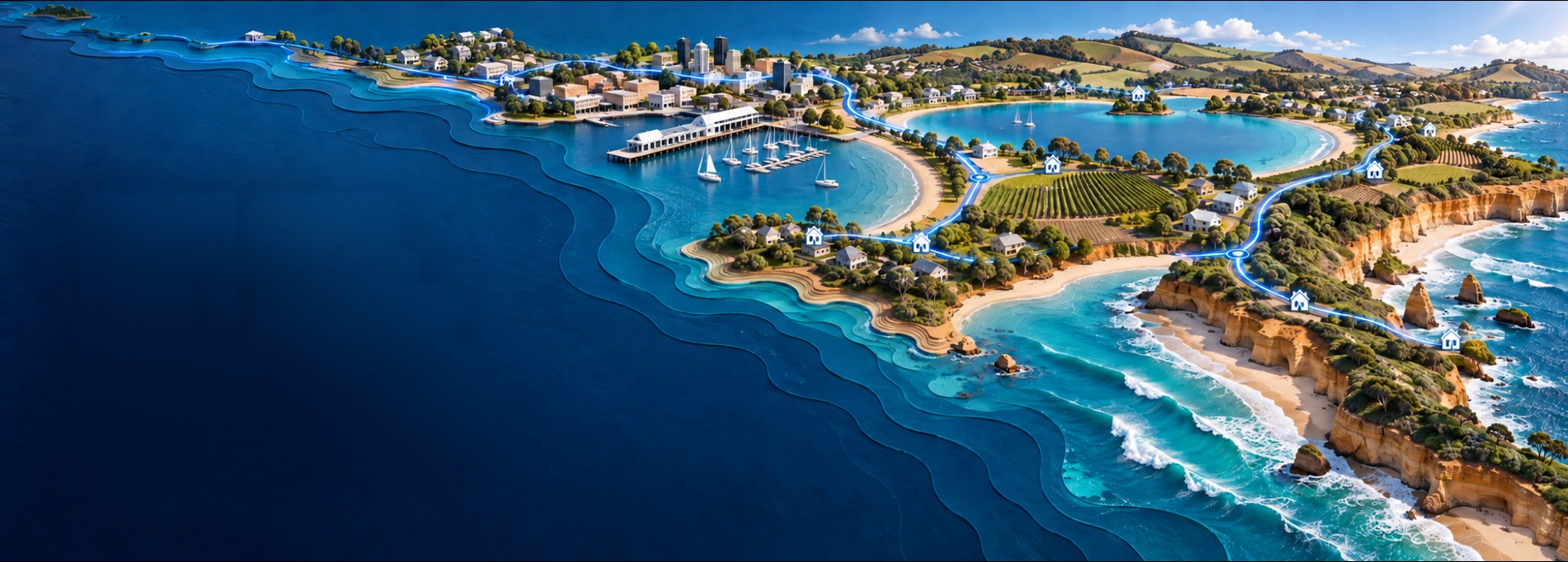 Illustration of the coastline NextPoint works across, with a route line linking homes from the city out along the peninsula to the surf beaches.