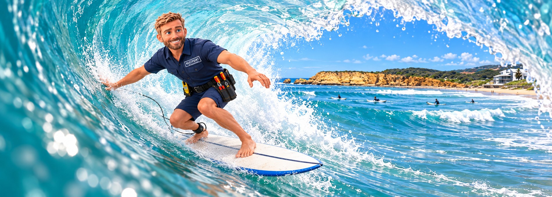 Illustration of a NextPoint electrician in branded navy uniform surfing inside the curl of a wave at Torquay, with the point and other surfers behind him.