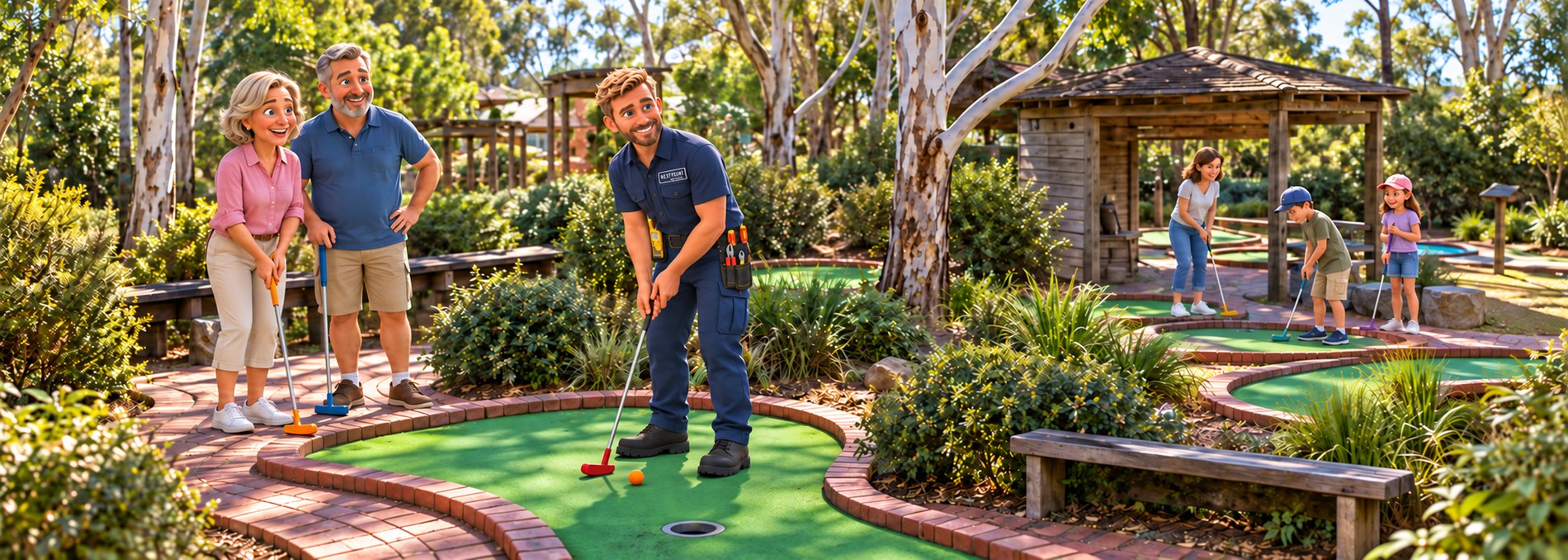Illustration of a NextPoint electrician in branded navy uniform lining up a putt on a Wallington mini golf green, with a couple watching and children playing a hole among the gum trees.